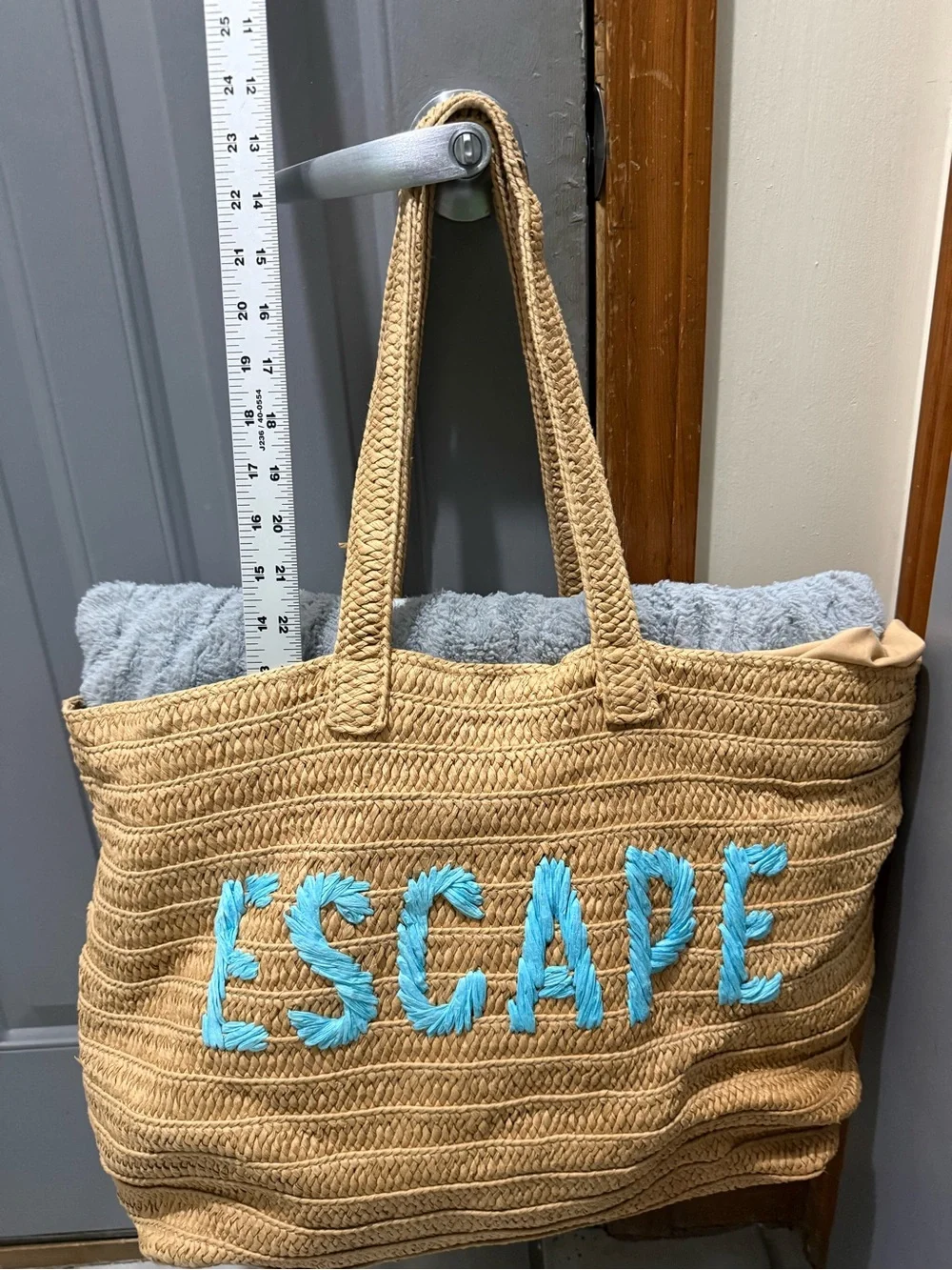 Kasa Style Oversized Straw Beach Tote Bag Teal Blue ESCAPE Embroidered Woven